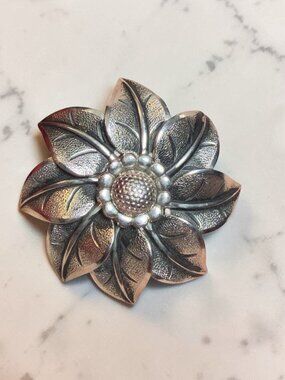 Marvella Vintage Flower Brooch Silver Tone Textured Floral Pin